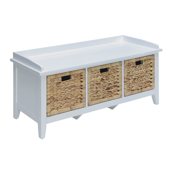Beige and White Storage Bench with 3 Rattan Drawers, 43.5" Wide Entryway Bench with Low Profile Design