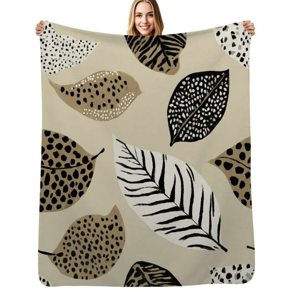 Beige background leaf animal print Flannel Blanket Warm Soft Bedding Throws Winter Camping Chair Sofa Bed