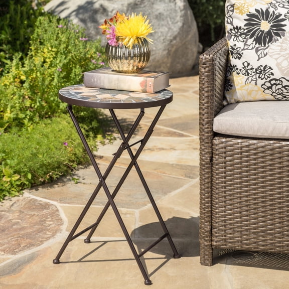 Beige black stone mosaic outdoor accent table / Add charm to your yard