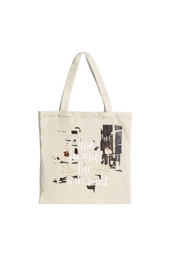 Beige canvas tote bag with a floral pattern and dark window design perfect for shopping travel and parties Multifunctional and reusable