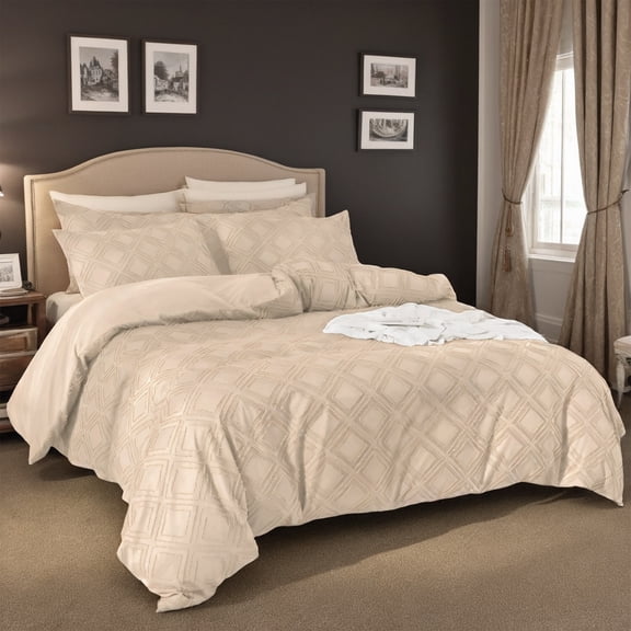 Beige checkered bedding set three-piece set, made of breathable and soft fabric, suitable for all seasons. It features hotel-grade minimalist design, perfect for use in bedrooms and guest rooms.