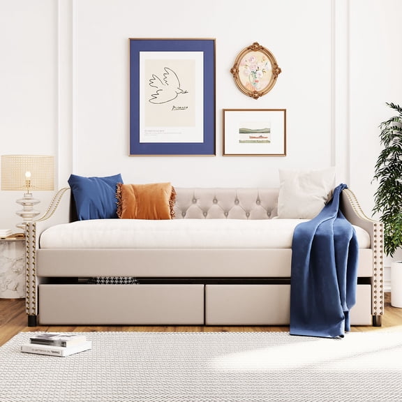 Beige daybed with a clean silhouette design / Two drawers for convenient home organization
