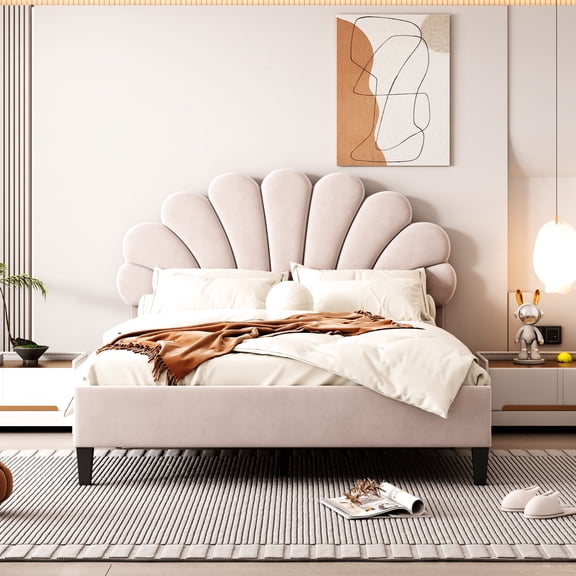 Beige full size upholstered platform bed with flower headboard / Promotes comfort and elegance in bedroom
