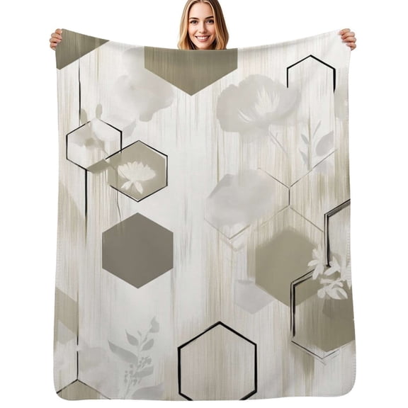 Beige hexagons floral design wallpaper Flannel Blanket Warm Soft Bedding Throws Winter Camping Chair Sofa Bed