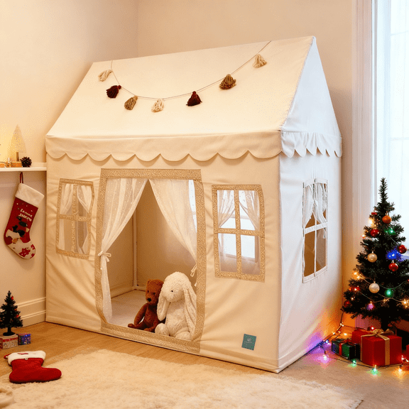 Beige kids tent playhouse with multiple windows, handmade quality indoor/outdoor recreational tent, washable tent, lightweight and easy to assemble