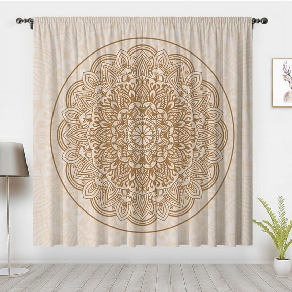 Beige Mandala Curtains Indian Bohemian Style Lotus Gradient Curtains Retro Ethnic Culture Floral Curtains Bedroom Home Decoration(Rod Pocket)
