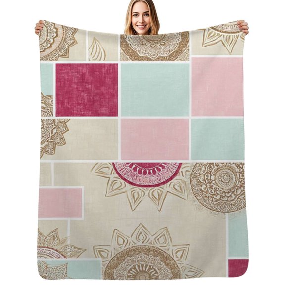 Beige mandala patchwork design Soft Blanket Travel Bedding Throws Flannel Bedspread Sofa Bed Cover