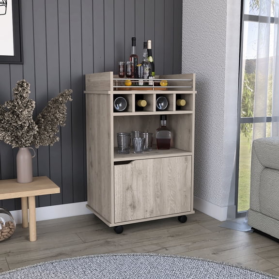 Beige modern bar cart with cabinet | Great for primary living space to store and display bar essentials