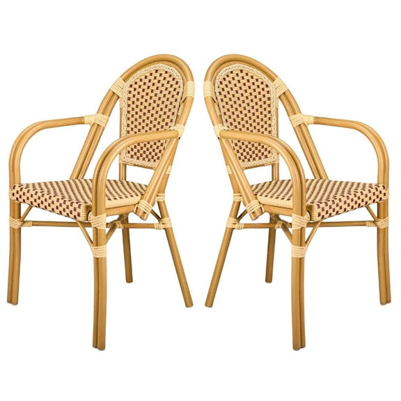 Beige on Maroon Light Pipe with Arms, French Bistro Patio Dining Chair by Chivari, 2 Chair Bundle by Chivari