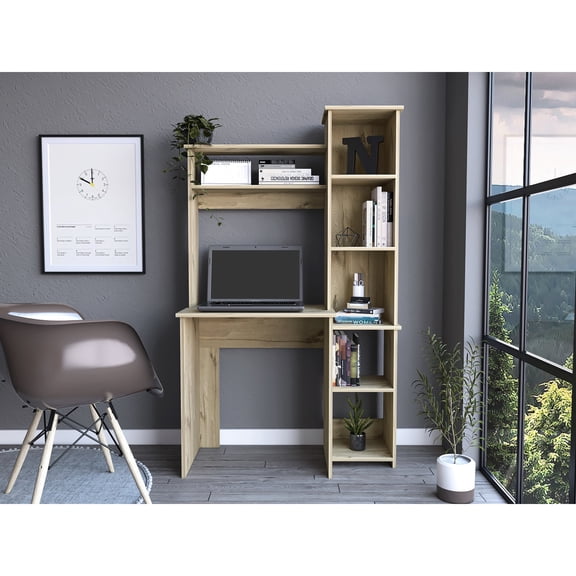 Beige particle - board desk with five cubbies / Useful for office file storage