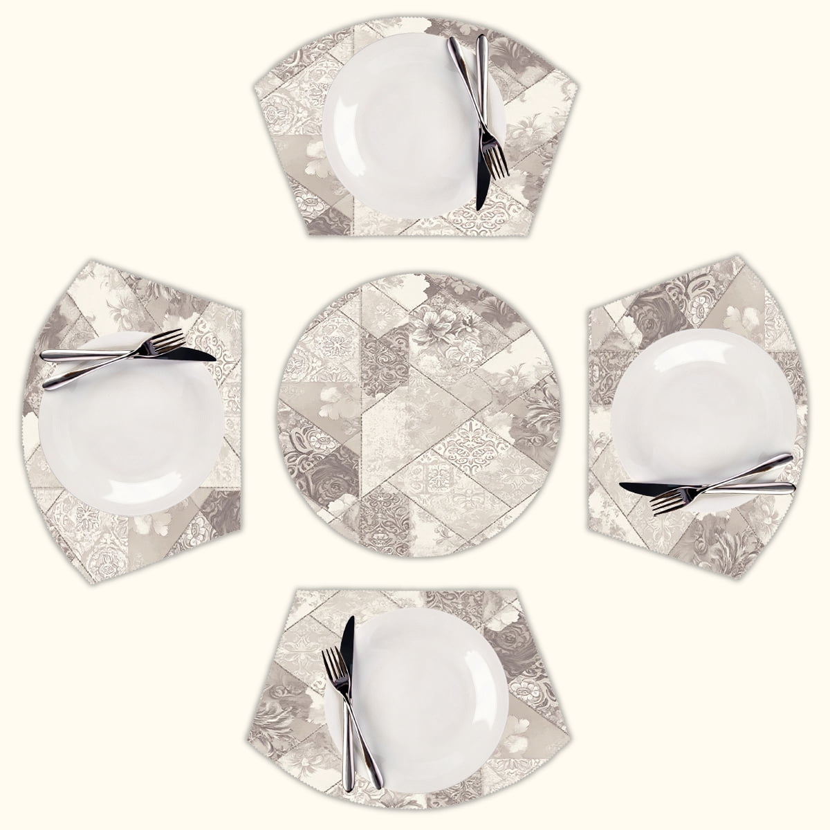 Beige patchwork floral design Round Table Placemats Set Of 5 Wedge ...