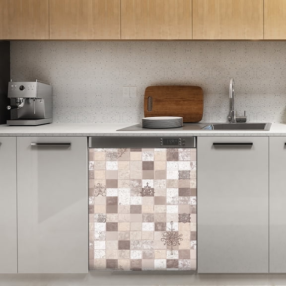 Beige tile patterned wallpaper Dishwasher Magnet Cover Decorative Sticker for Home Cabinet Kitchen 23" x26"