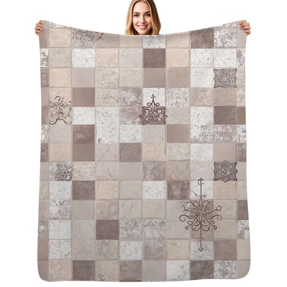 Beige tile patterned wallpaper Flannel Blankets Soft Warm Throw Blanket Autumn Camping Bedroom Aesthetic Bedspread