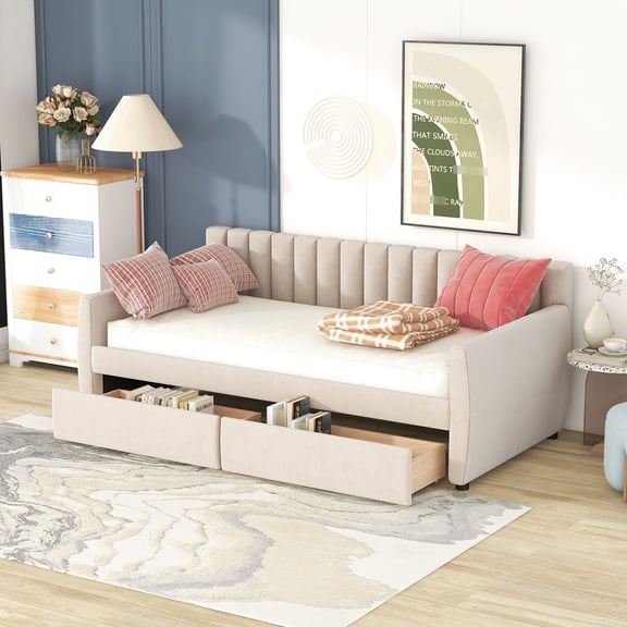 Beige twin daybed / Versatile storage and elegant design