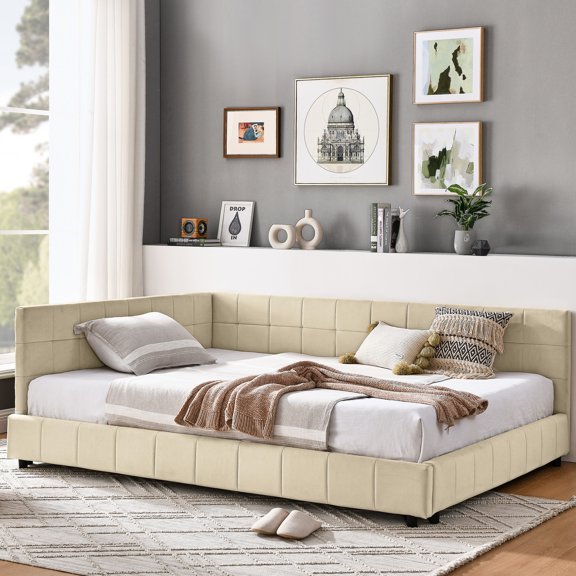 Beige upholstered full size bed frame / Comfortable for daily use, easy assembly