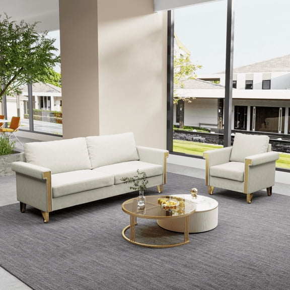 Beige velvet sofa + chair combo Gold metal accents = mid-century magic! Plush deep seats = so cozy. Perfect for modern living rooms. Obsessed.