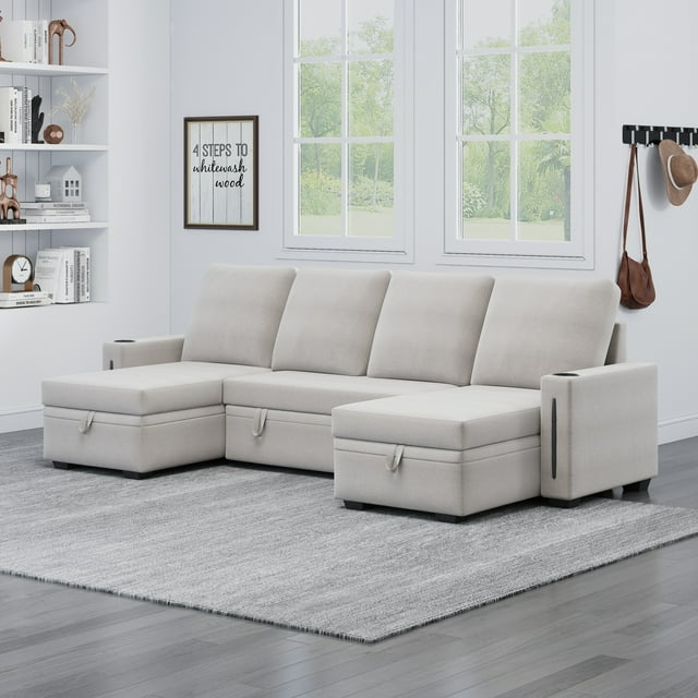 BeigeUShapedSectional:StorageConvertibleDesignComfortableSeatingforLivingRoom97characters