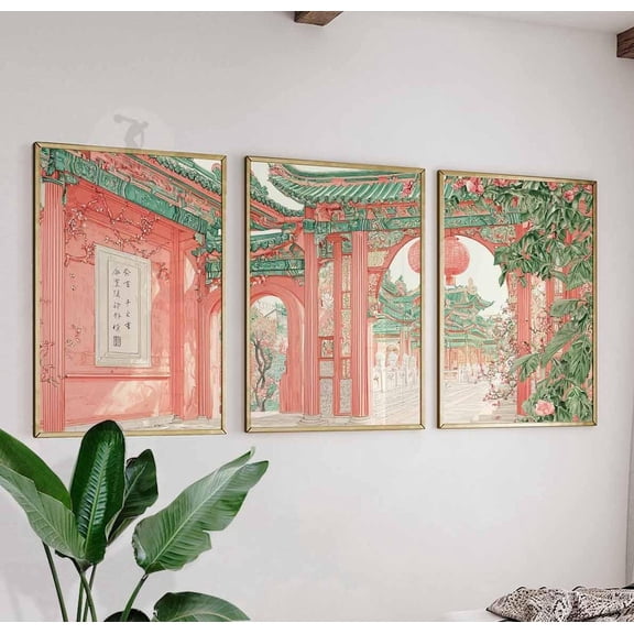 Beijing Chinese Lanterns Oriental Wall Art Set 3 Stretched Canvas 16x24