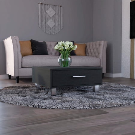 TUHOME Modern Square Coffee Table with Storage Drawer, 23.6" Engineered Wood, Metal Legs, Living Room