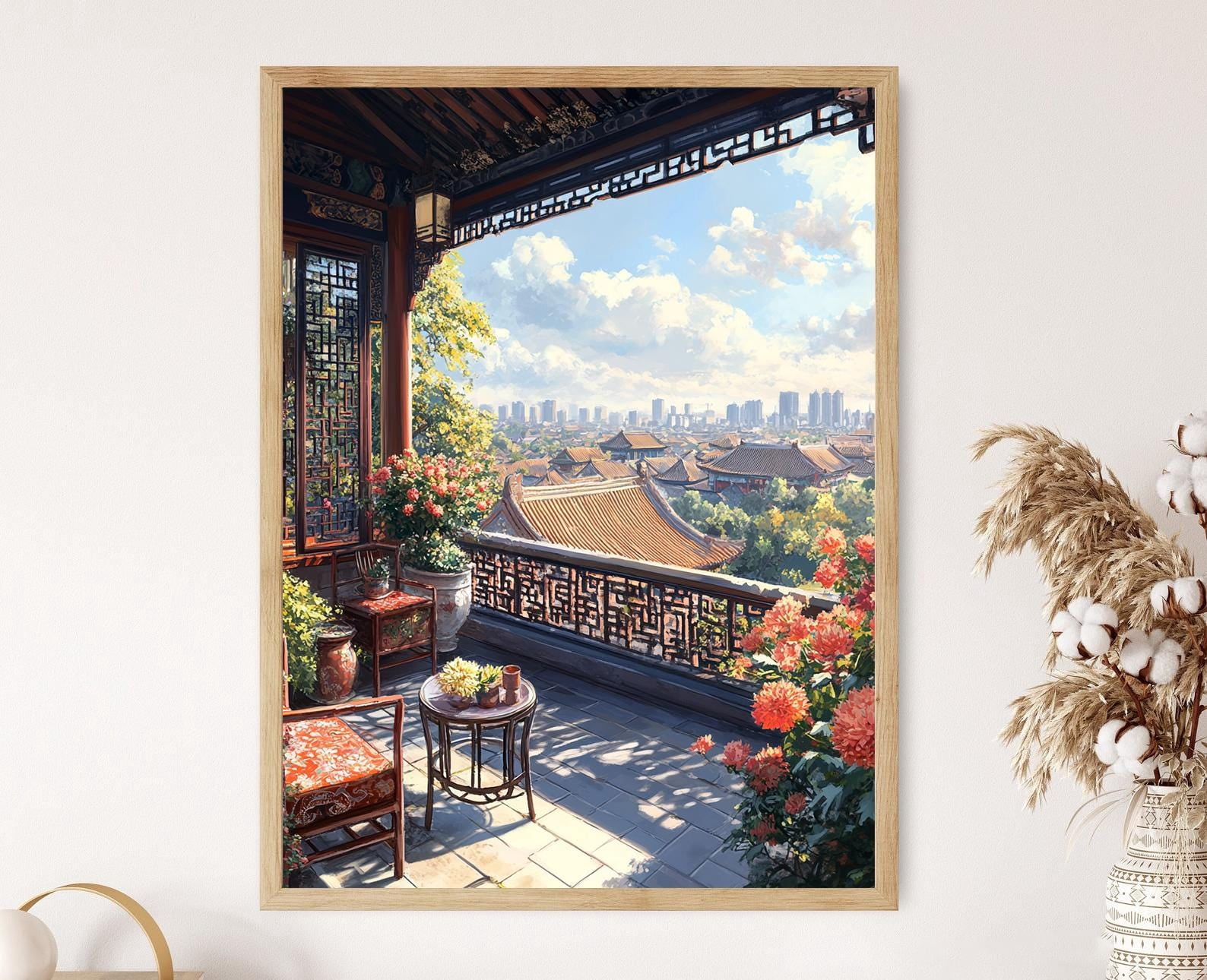 Beijing Rooftop Patio Art Lacquer Chinese Lattice Screen Illustration ...
