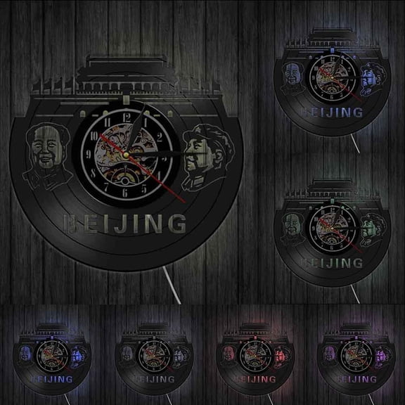 Beijing Skyline Wall Art Vinyl Record Wall Clock Chairman Mao Portrait Vintage Wall Clock China Beijing City Traveling Gift With LED