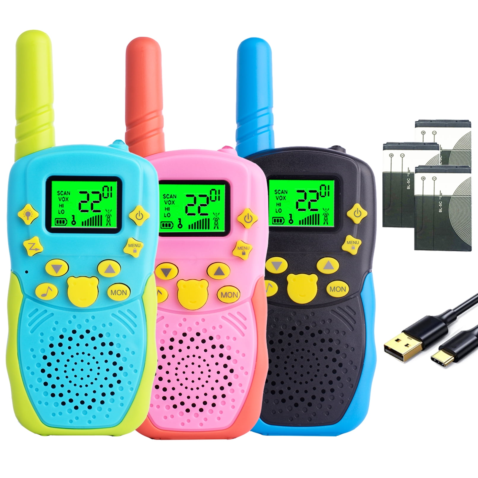 3 Pack Kids Walkie Talkies - Rechargeable 3km Range, 22 Channels, LED Flashlight & Fun Ringtones For Outdoor Adventures (Ages 3-12)