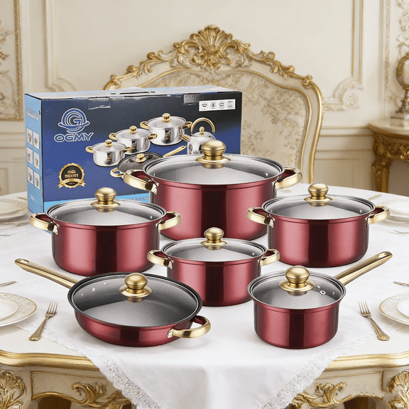 Beiled 12 Piece Cookware Set Nonstick Pots and Pans Home Kitchen Cooking Non Stick, Red
