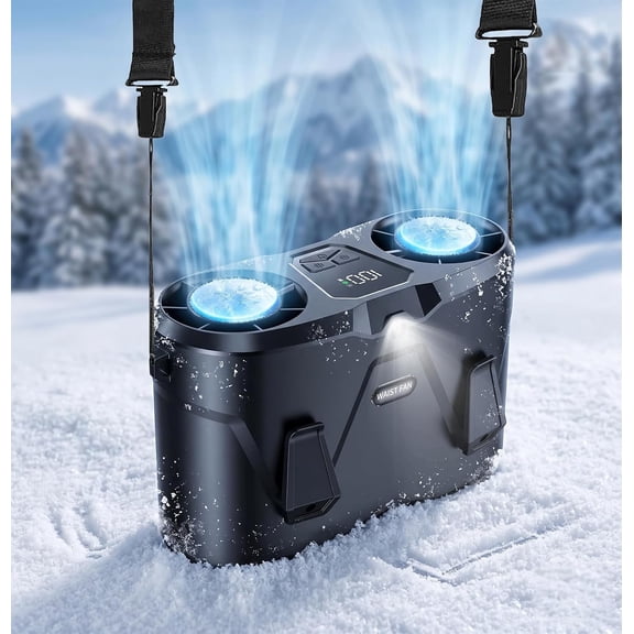 Beiled Portable Waist Fan with 2 Ice Cooling Plates and Flashlight, Dual Turbo 32000 RPM, 9000mAh Rechargeable, Dual Channel Cooling, Black