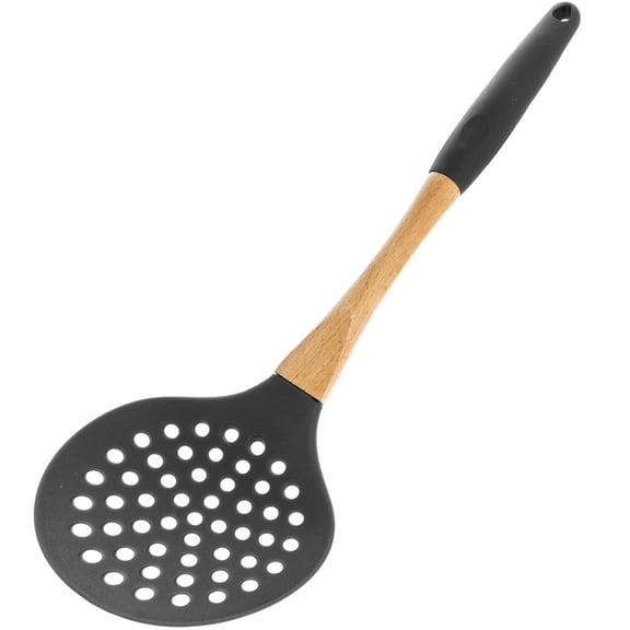 Beille 1pc Grey Nylon Skimmer Spoon with Soft Grip Ergonomic Wooden Handle Kitchen Utensils, 13 Inch