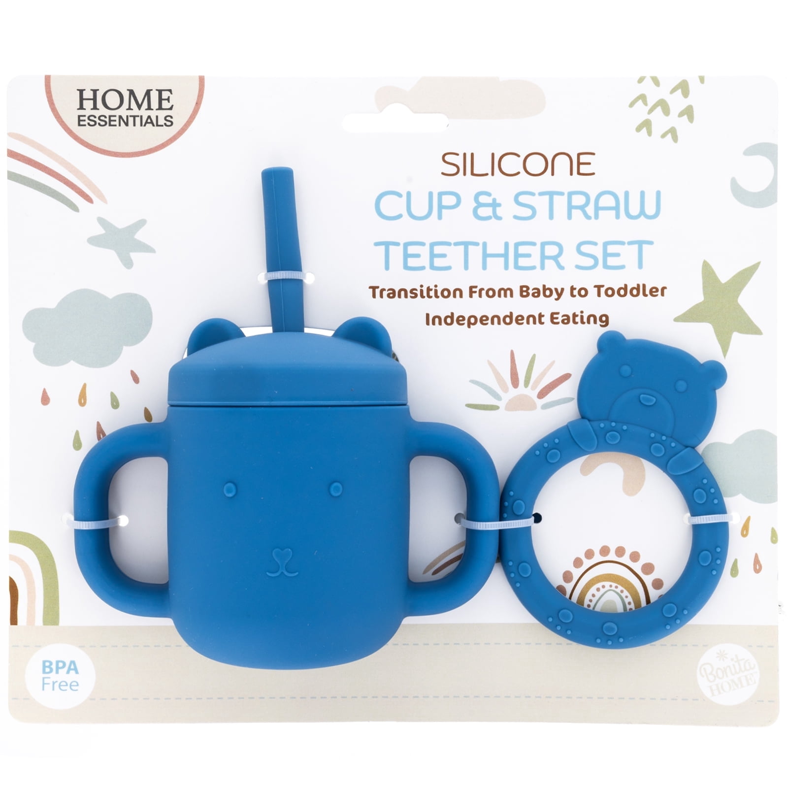 Beille 2pc Food Grade Silicone Sippy Cup and Straw Teething Toys Set Baby Feeding Essentials, Ages One and Up, Ocean Blue