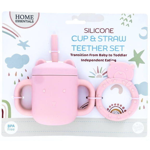 Beille 2pc Pink Silicone Sippy Cup and Straw Teething Toys Set Baby Feeding Essentials Ages One and Up