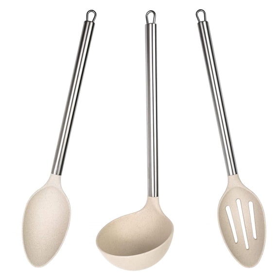 Beille 3pc Wheat Straw Spoons and Ladle Set Cooking Baking Kitchen Utensils Cream