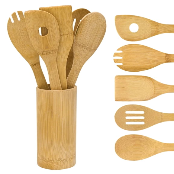 Beille 6pc Bamboo Wooden Cooking Utensil Set with Holder, Nonstick Safe Kitchen Tools, Dishwasher Safe
