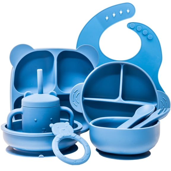 Beille 9pc Blue Silicone Baby Feeding Set Suction Plates Teether Sippy Cup Bowls