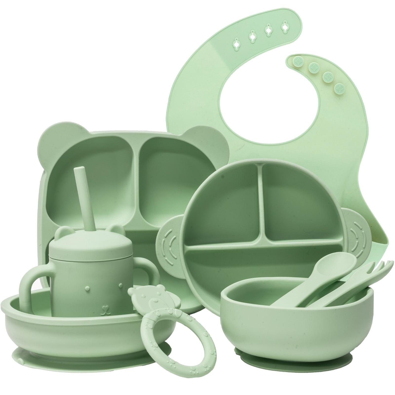 Beille 9pc Green Silicone Baby Feeding Set Suction Plates Teether Sippy Cup Bowls