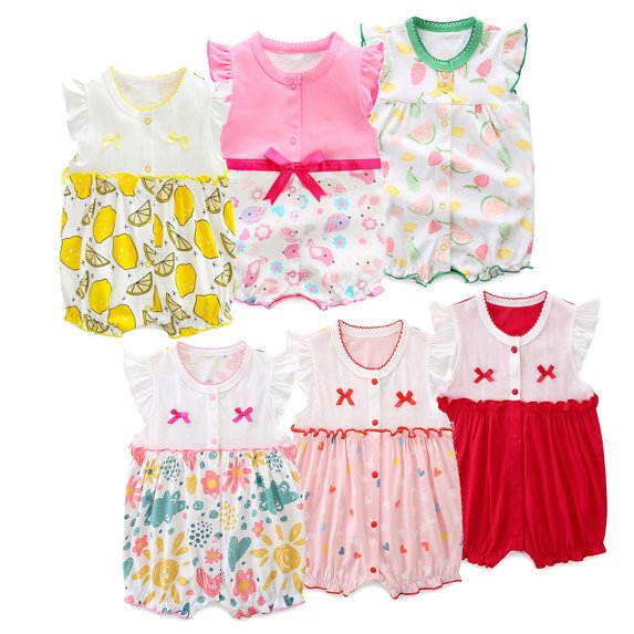Beilxfa 100% Cotton Baby Girls' Summer Rompers 0-18M Newborn Infant Snap-Up Jumpsuit Flutter Sleeve Graphic Bodysuit