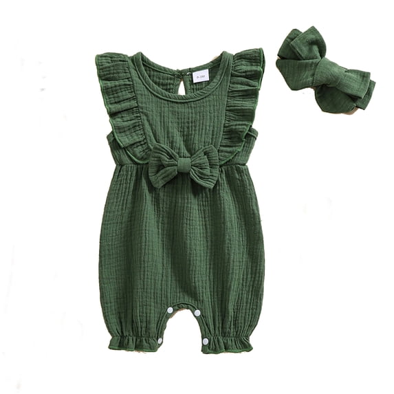Beilxfa Baby Girl Clothes Outfits Infant Summer Bowknot Ruffle Sleeveless Jumpsuit Cotton Linen Newborn One-Piece Rompers with Headband