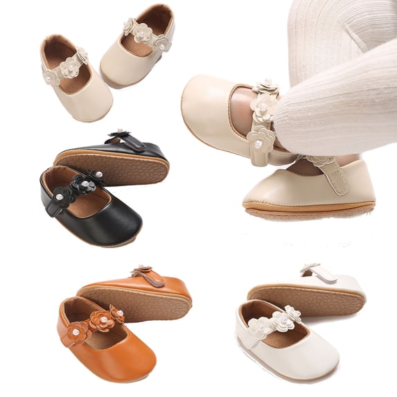 Beilxfa Infant Baby Girl Floral Dress Shoes First Walking Mary Jane Flats PU Leather Princess Wedding Party Rubber Sole Crib Shoes