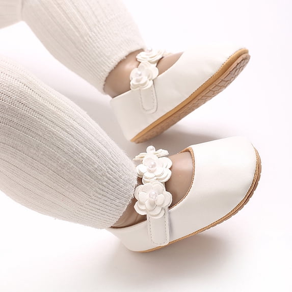 Beilxfa Infant Baby Girl Floral Dress Shoes First Walking Mary Jane Flats PU Leather Princess Wedding Party Rubber Sole Crib Shoes
