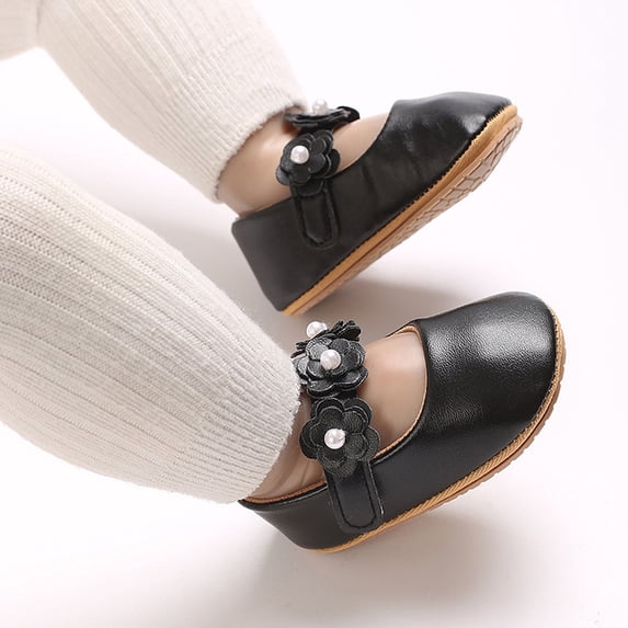 Beilxfa Infant Baby Girl Floral Dress Shoes First Walking Mary Jane Flats PU Leather Princess Wedding Party Rubber Sole Crib Shoes