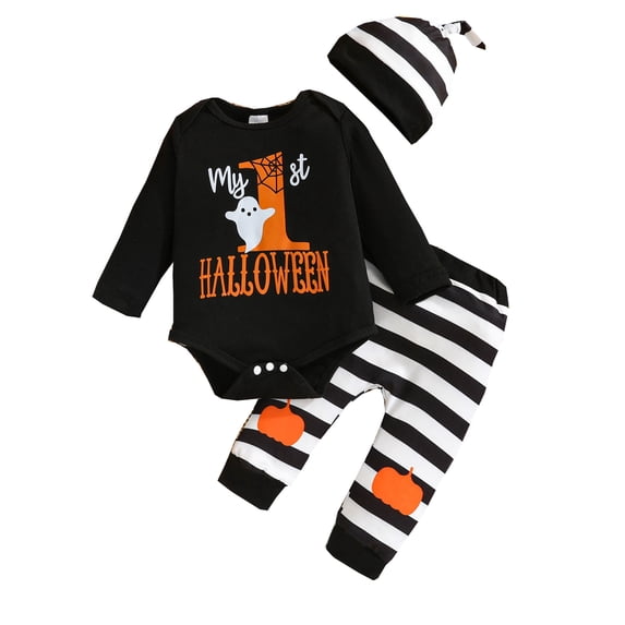Beilxfa Newborn Baby Boy Halloween Outfit Ghost Romper Pants Hat Set My First Halloween Baby Boy Outfits