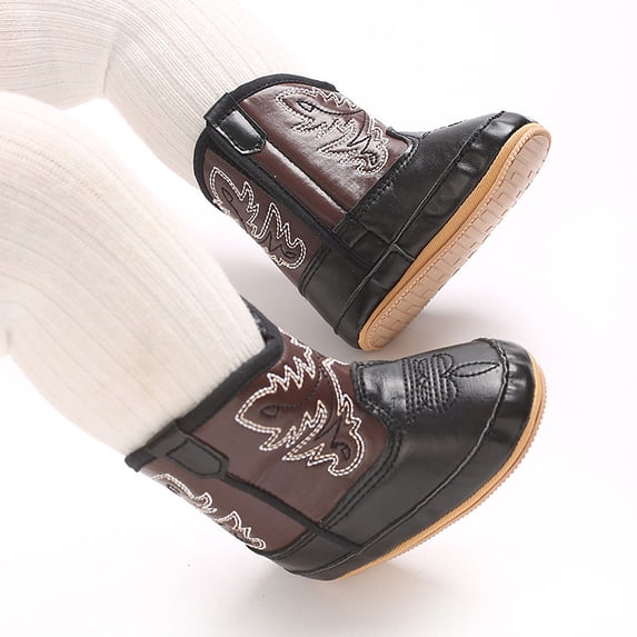 Beilxfa Newborn Boys Girls Pu Leather Western Boots Cowboy Bootie Soft Sole Non-Slip Crib Shoes For Baby Infant 0-18 Months