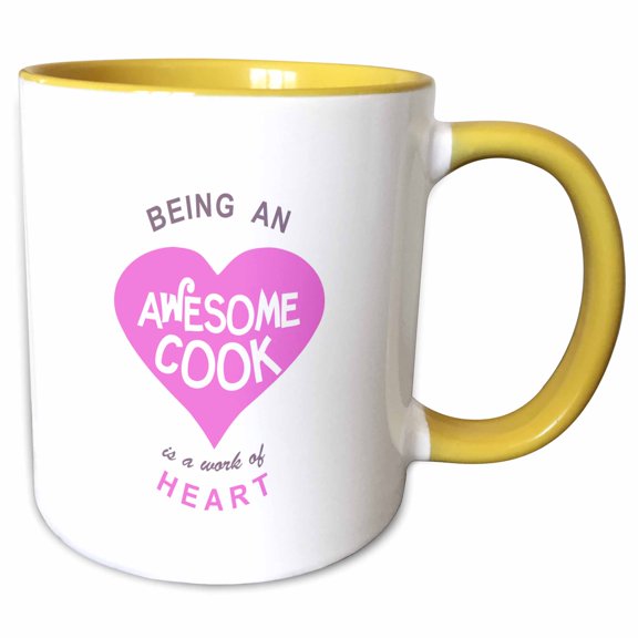 3drose, Being an Awesome Cook Is a Work of Heart - Pink - Cooking Job Love Pun, 11oz Two-tone Yellow Mug