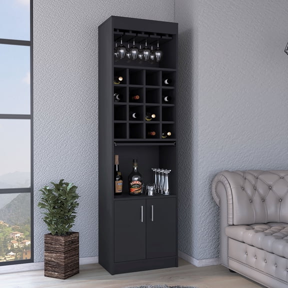 Being Kava Bar Cabinet,Double Door,Two Shelves,Sixteen Built-In Wine Rack-Black,Black Particle Board Furniture Dining Servers Sideboards Buffets