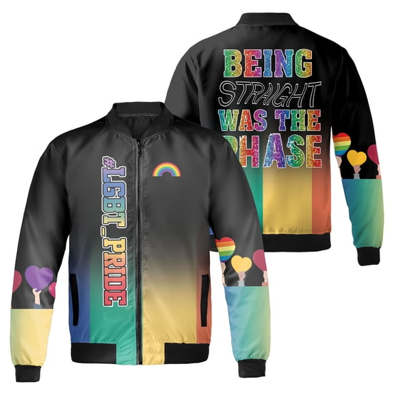 Being Straight Was The Phase Bomber Jacket, LGBT Pride Rainbow Gradient Graphic, Gay Pride Month Black Zip Up Jacket