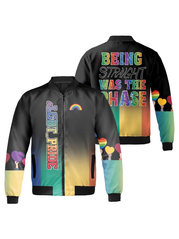 Being Straight Was The Phase Bomber Jacket, LGBT Pride Rainbow Gradient Graphic, Gay Pride Month Black Zip Up Jacket