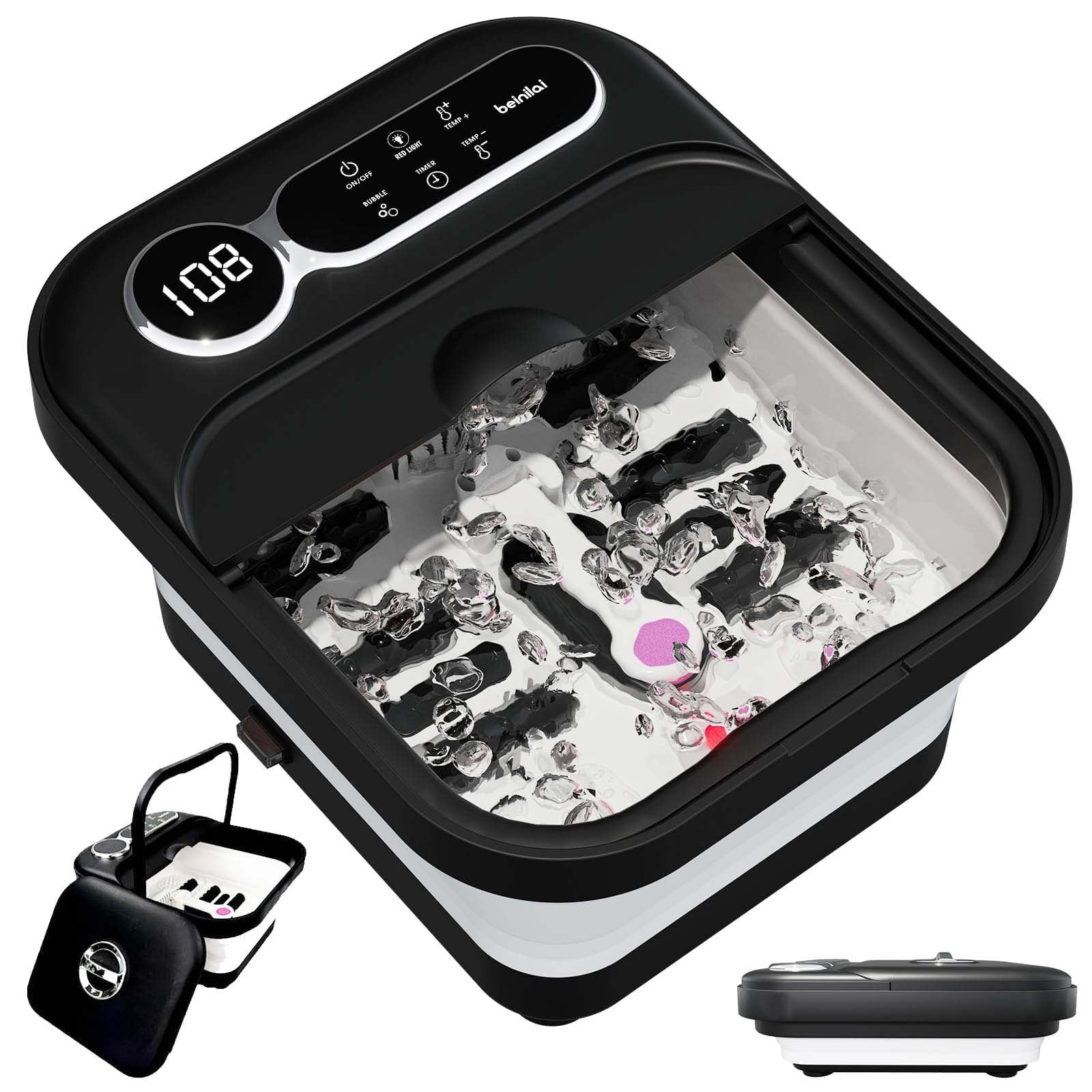 Beinilai Collapsible Foot Spa Bath Massage with Heat,Precise Temperature Control,6 Massage Roller,Bubble and Removable Pedicure Stone for Care Feet