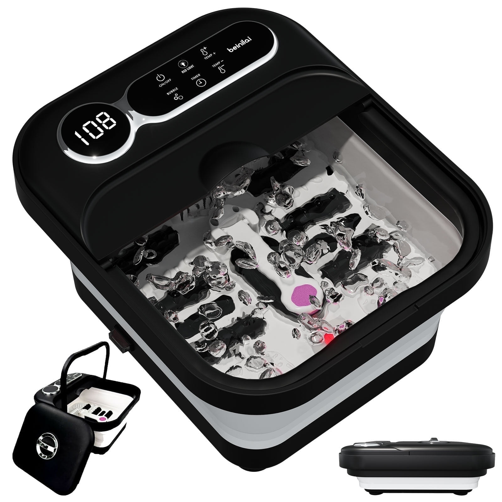 Beinilai Collapsible Foot Spa Bath Massage with Heat,Temperature Control,6 Massage Roller,Bubble and Removable Pedicure Stone for Care Feet
