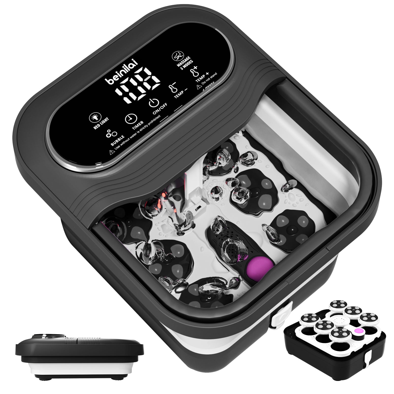 Beinilai Collapsible Foot Spa Electric Rotary Massage,Foot Bath with Heat,Tem Control,Bubbles, and 24 Motorized Shiatsu Massage Balls for Feet Stress Relief-Black