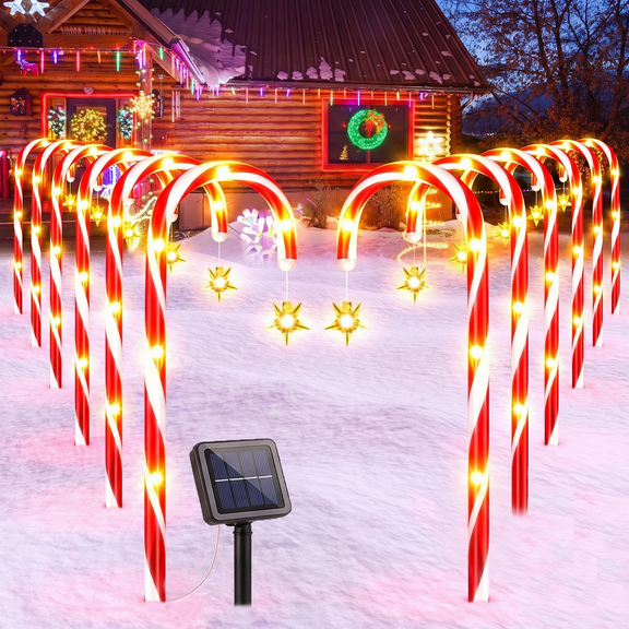 XEENSO 12 Pack Solar Christmas Candy Cane Lights, 8 Modes, Waterproof Outdoor Decorative Lights for Christmas Party Yard Garage Decor